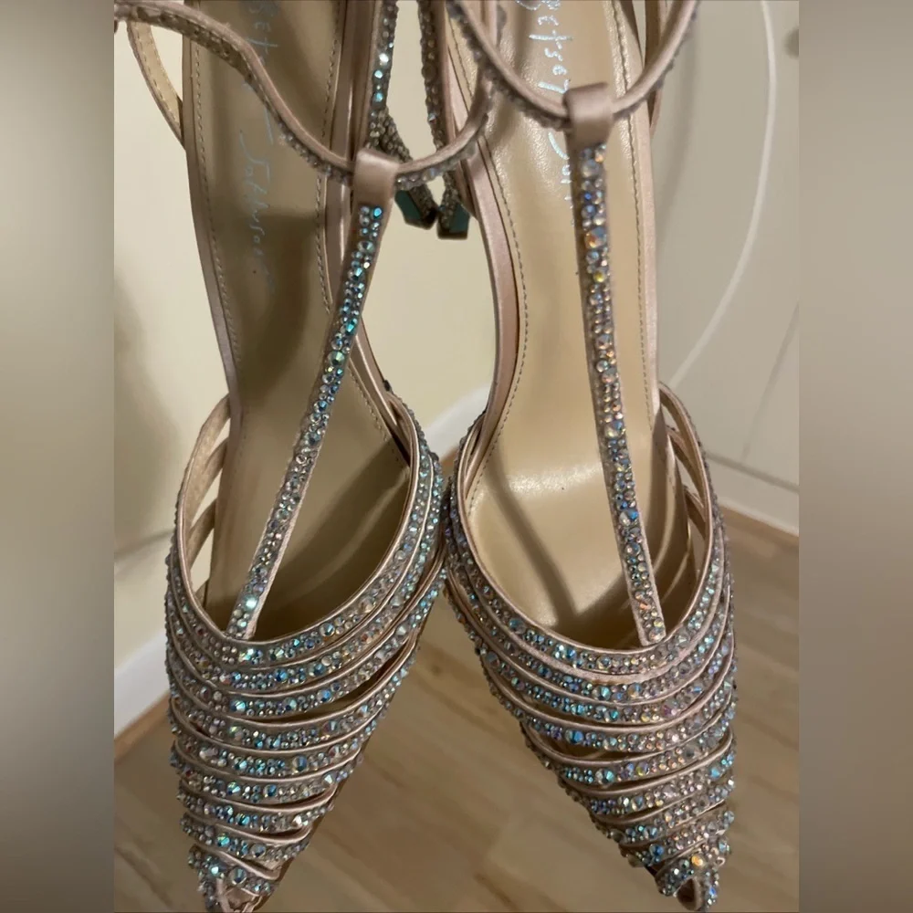 Betsey Johnson Rhinestone Strappy Heels - Cream and Silver Size 8.5